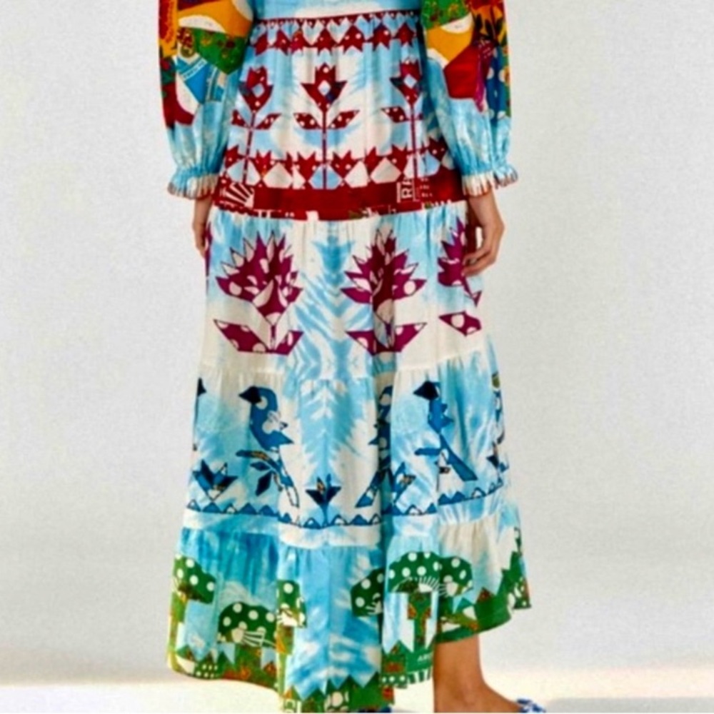 RARE FARM Rio Tie Dye Rainbow Patchwork Maxi Dress Batik Print Blue Size S or M - Picture 6 of 16